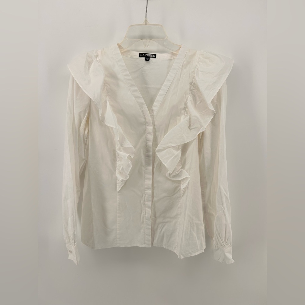 express womens White ruffle long sleeve Button Down  shirt Size Small S